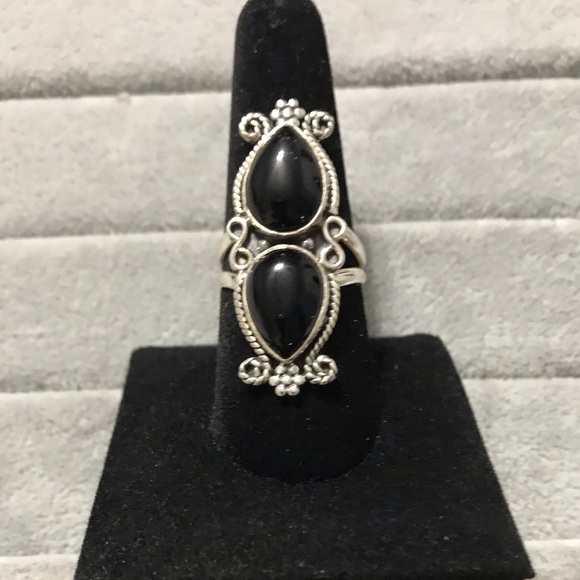 New Genuine Sterling Silver Black Onyx Double Stone Ring Size 8.5-8.75 Crystal - Picture 13 of 16
